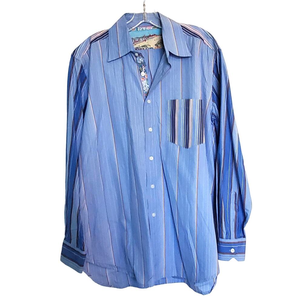 Robert Graham Mens Long Sleeve Shirt Fits L Blue Color Block Stripe Button Lux